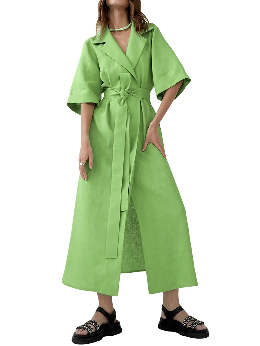 

Thorn Tree Women Summer Office Dress Solid Color Notched Lapel Half Sleeve Casual with Belt for Ladies Green Orange