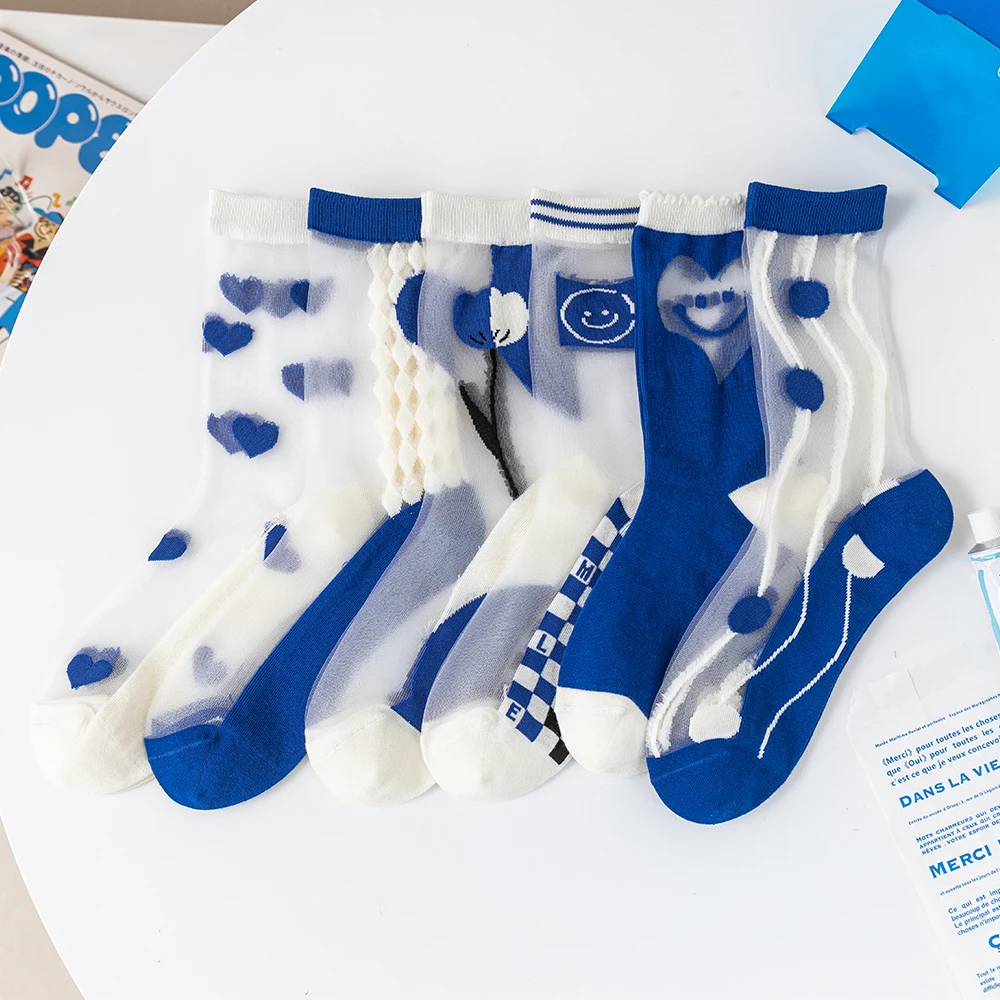 

Women's Socks Spring And Summer Klein Blue Glass Silk Thin Socks Transparent Love Little Comfortable Fashion Cotton Bottom Socks