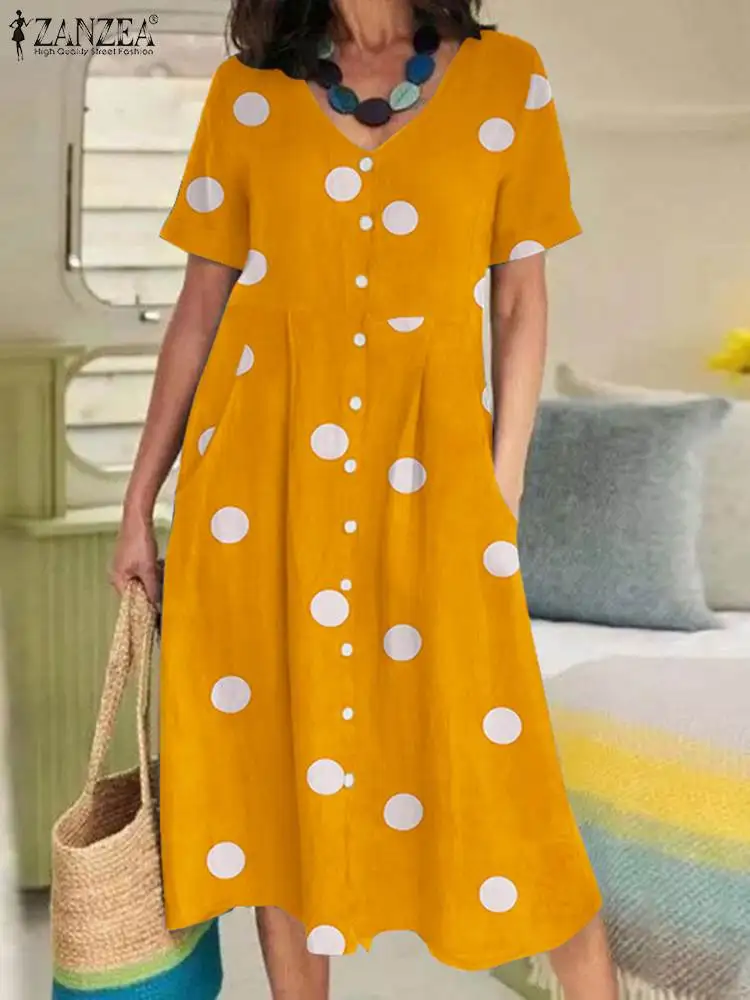 

ZANZEA 2022 Summer Women V Neck Short Sleeve Polka Dor Printed Sundress Holiday Vestido Kaftan Fashion OL Work Dress Robe Femme