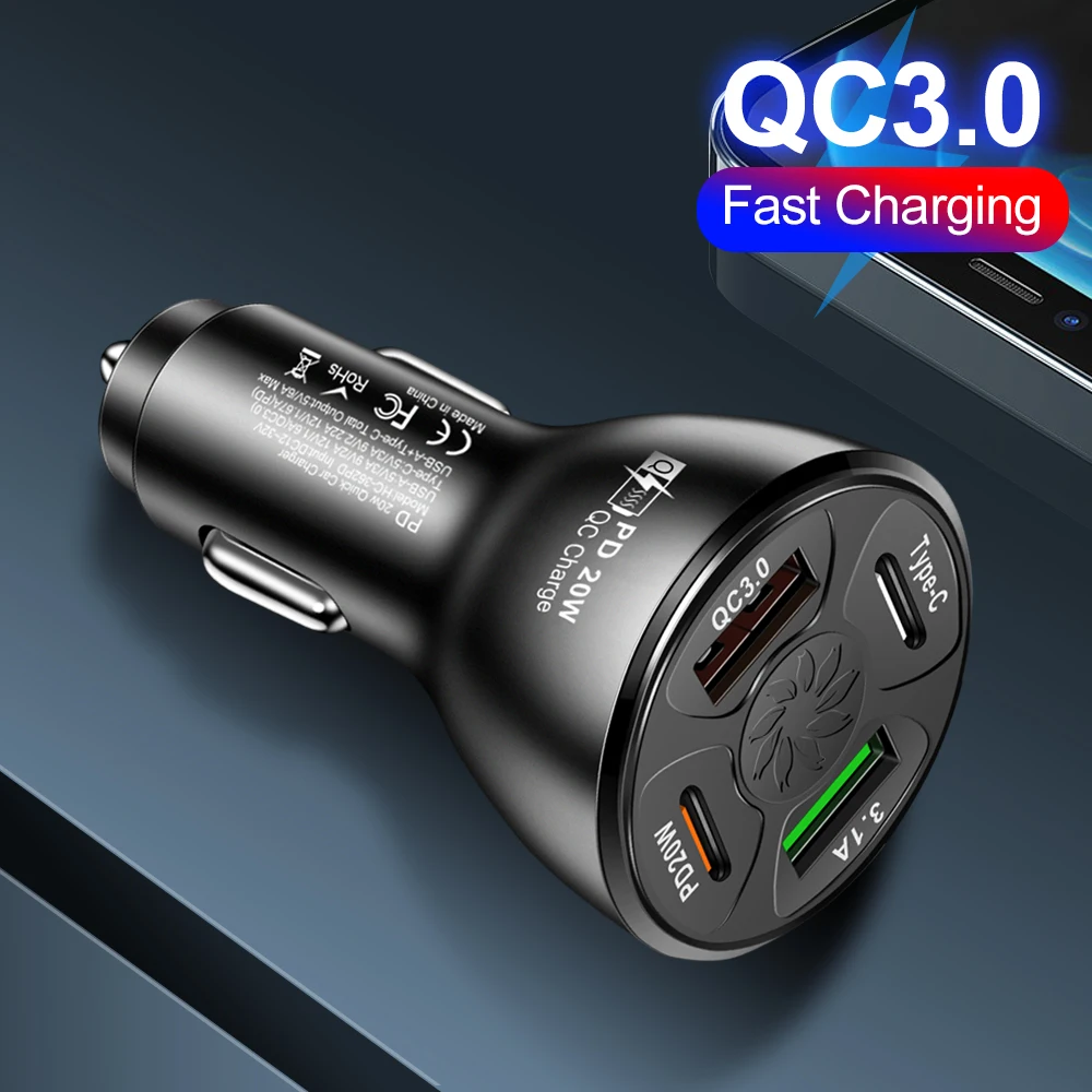 

Автомобильное зарядное устройство с 4 портами USB Type-C PD, 20 Вт, адаптер для прикуривателя, 12-24 В, автомобильное быстрое зарядное устройство для ...