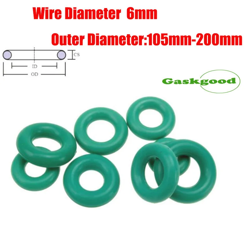 

2Pcs Wire Diameter 6mm FKM Fluororubber O-Ring Sealing Ring OD 105mm-200mm Green Seal Gasket Ringcorrosion Resistant Heat