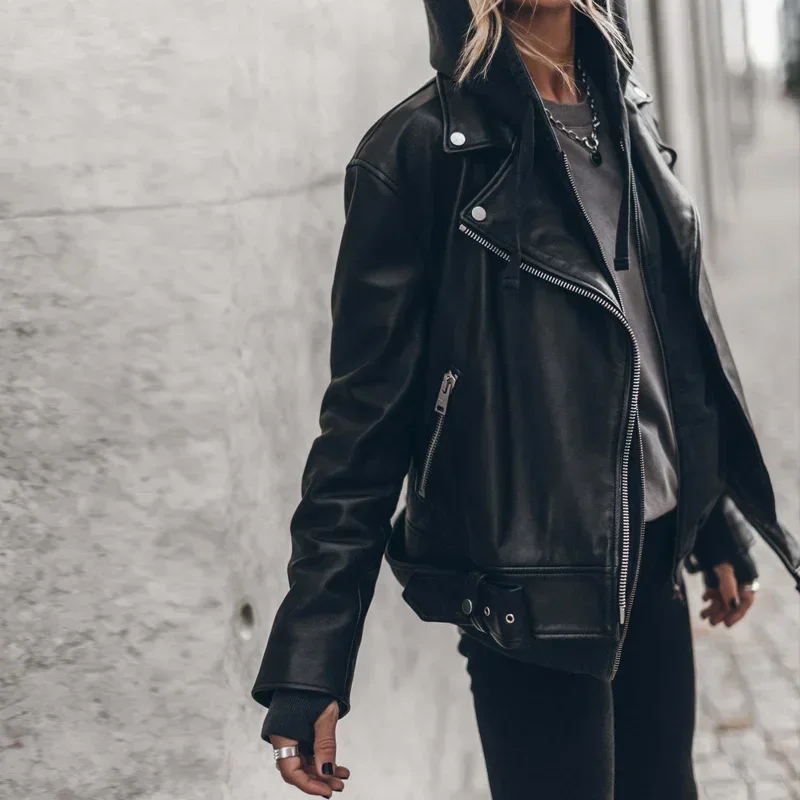 

Black Rock Fashion Women Leather Coat Casual Street Metal Buckle PU Outwear Short Spicy Hot Girl Motorcycle Style Zipper Jacket