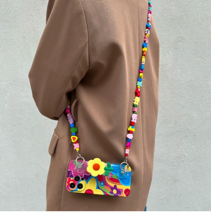 Silicone Phone Case For iPhone 12 11 14 Pro 13Pro Max Plus 2023 Daisy Flower With Lanyard Neck Strap Case Fashion Holder Cover