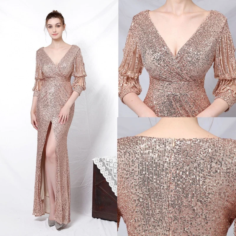 New style elegant long sleeve sequined queen fishtail evening dress for banquet women formal gown