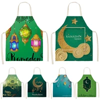 green eid mubarak printed cotton linen home cooking baking bib muslim ramadan kareem kitchen apron for women star crescent decor