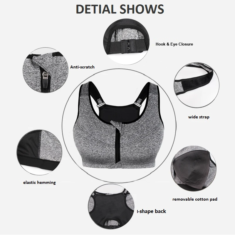 Top 5XL Sports Bra For Women Plus Size Zipper Underwear Shockproof Push Up Gym Fitness Athletic Running Yoga Bralette
