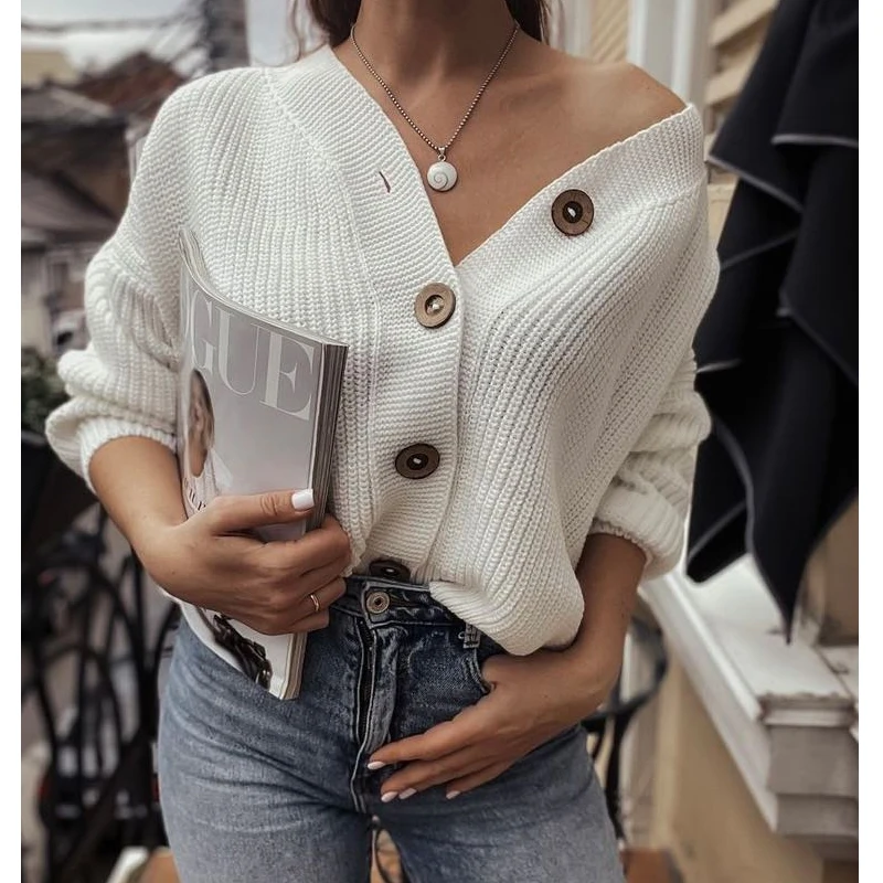

Women's Clothing Loose Fashion Casual V Neck Solid Color Single-Breasted Long Sleeves Cardigan Knitting Sweater Coat Autumn