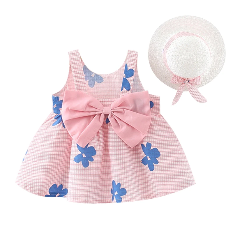 

2Piece Summer Set Baby Clothes New Born Korean Fashion Plaid Cute Bow Princess Pink Toddler Dress Beach Dresses+Sunhat BC023