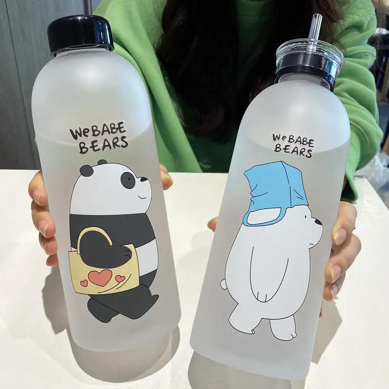 

1000ml Water Bottles With Straw Cute Panda Bear Cup Transparent Cartoon Water Bottle Drinkware Frosted Leak-proof Protein Shaker