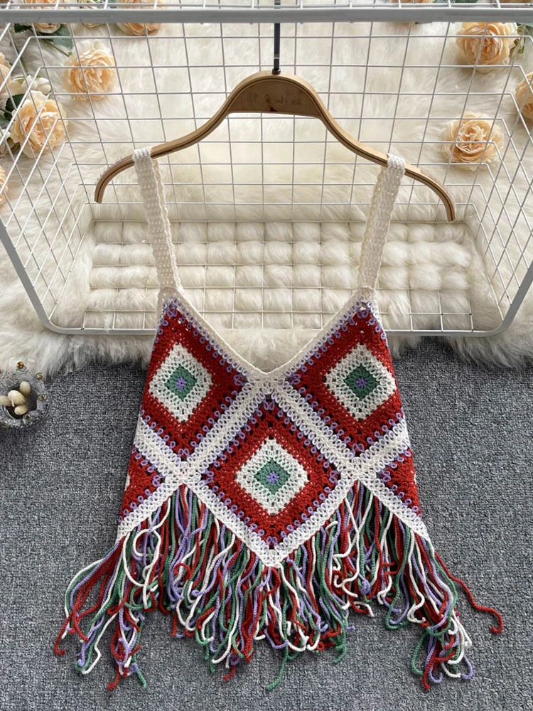 

YuooMuoo 2022 Summer Knitted Strap Tops Women Vacation Beach Style Tassel Camis Tops Streetwear Female Shirts