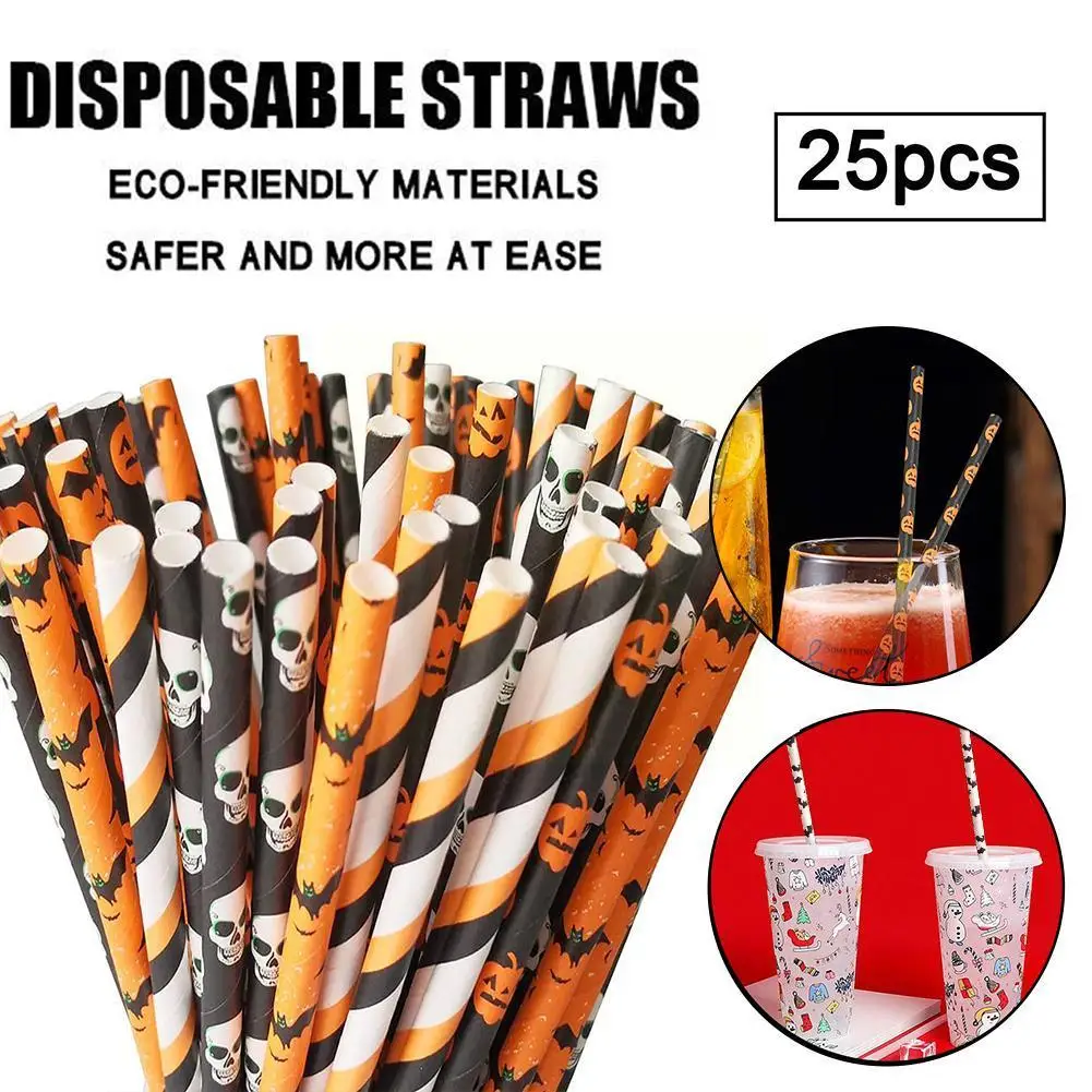 

25pcs Pattern Home Supplies Halloween Straws Party Straws Halloween Paper Party Holiday Bar Home Decoration Favors E9I1