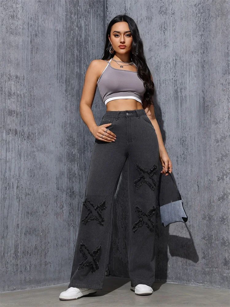 Брюки с надписью Personality X уличные узкие серые джинсы прямые брюки прямой талией