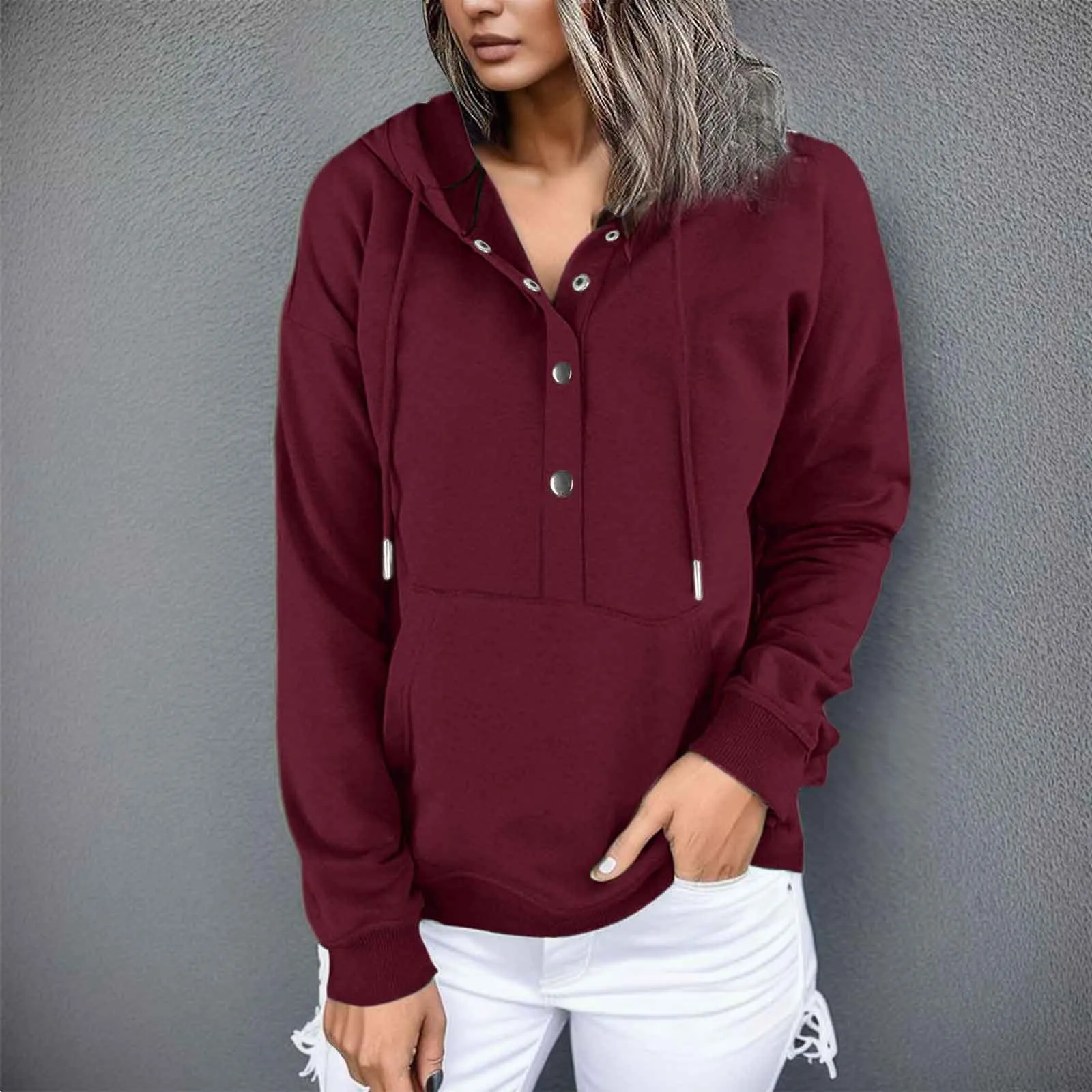 

Womens Button Solid Color Hoodies Drawstring Long Sleeve Sweatshirts Loose Streetwear Pullover Clothes For Ladies Autumn 2023
