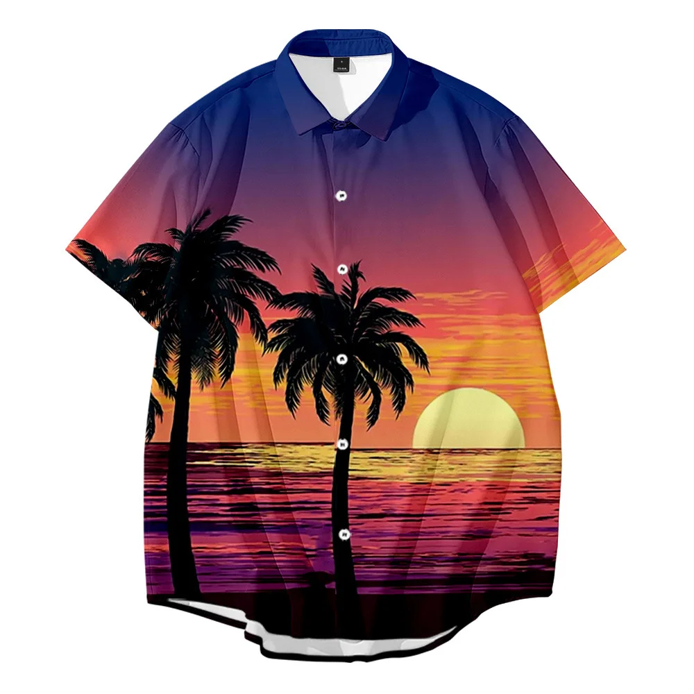 2021 Summer Short-Sleeved Shirt Plus Size Hawaiian Coconut Sunset Print Shirt Men's Top Shirt Casual Beach Shirts Oversize Tops