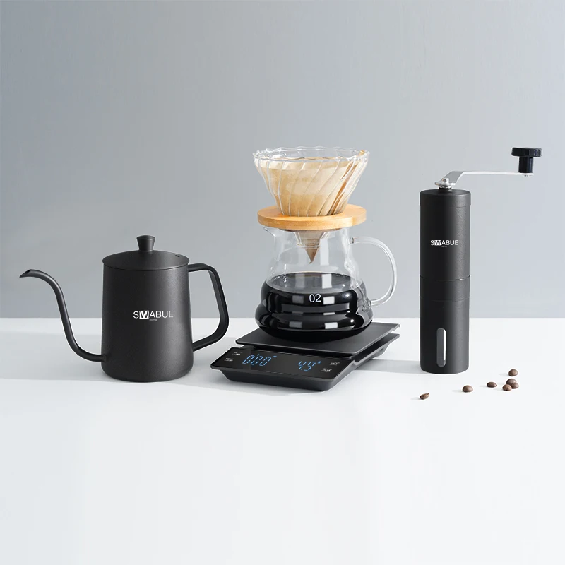 Swabue Coffee tools drip Set Pour Over Coffee Maker Dripper Filter Glass Pots  Kettle Electronic Scales with Timer Mini Grinder