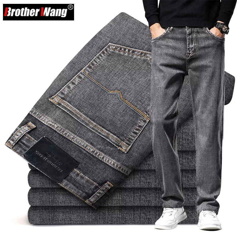 

NEW IN colors Autumn Men Gray Straight-leg Jeans Business Casual Cotton Stretch Denim Pants Male Brand Clothing Plus Size 40 42