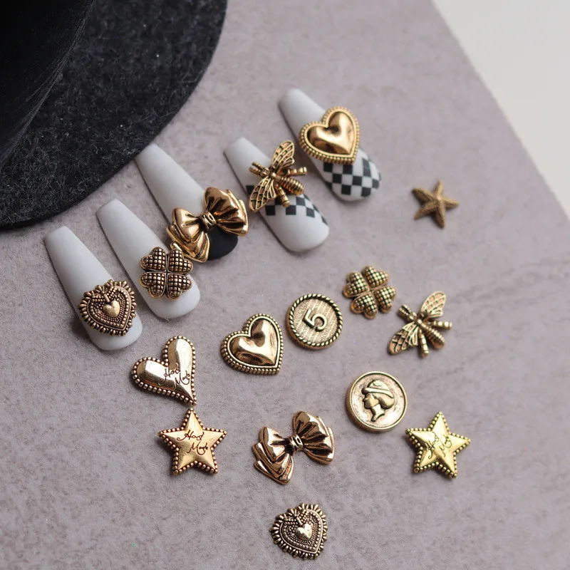10OPCS Retro Copper Style Nail Charm Heart,Star,Butterfly,Bee,Bow-Knot,Button Shape Design Manicure 3d Retro Punk Nail Supply