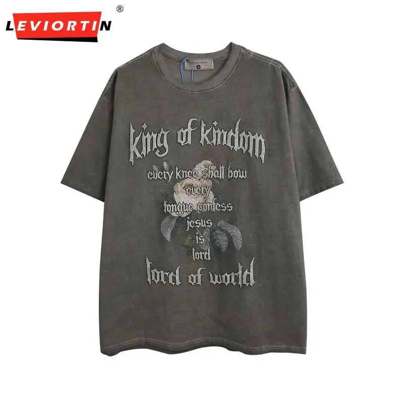 

Men Streetwear Hip Hop T Shirt Washed Retro Vintage Letter Flower Graphic T Shirt 2023 Harajuku Floral Tshirt Cotton Tops Tees