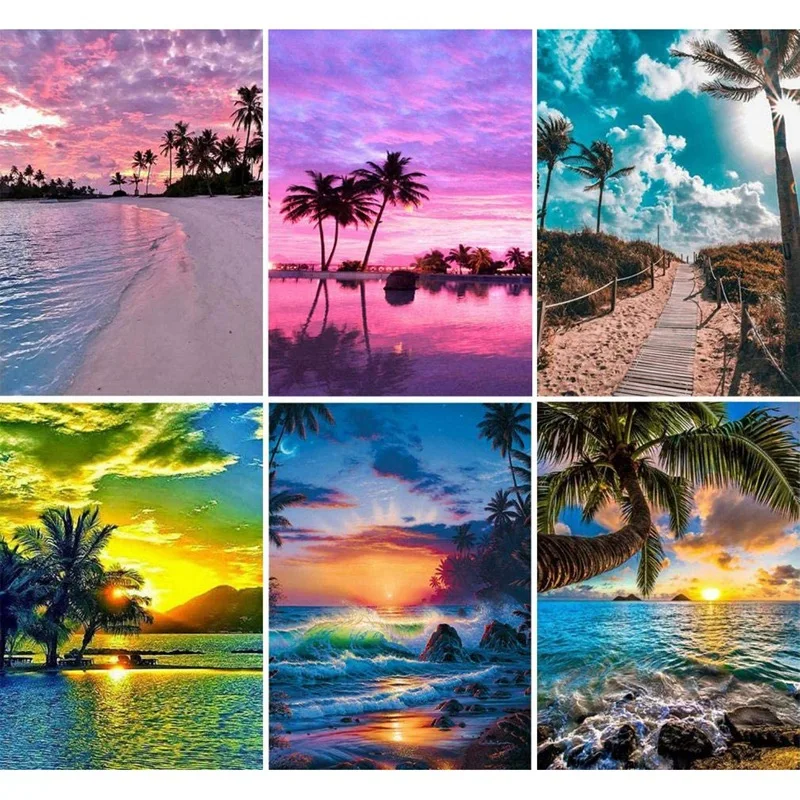 

6 Pack 5D Diamond Painting By Numbers Diamond Art Dotz Kits Full Drill For Adults Kids Beach Sea Holiday Palm Tree
