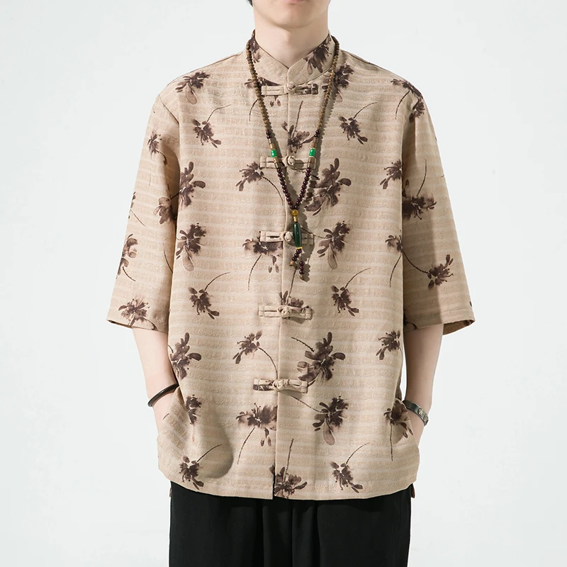 

Traditional Chinese Men's Novelty Print Shirt Spring and Summer Tang Casual Short-sleeved Harajuku Literary Blouse 5XL