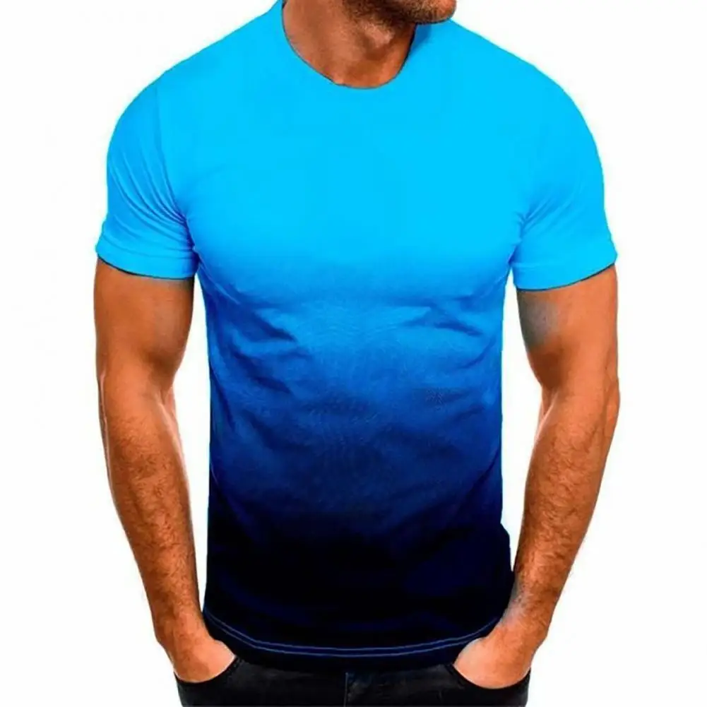 

Men T-shirt Contrast Color Gradient O Neck Colorfast Summer Top for Daily Wear