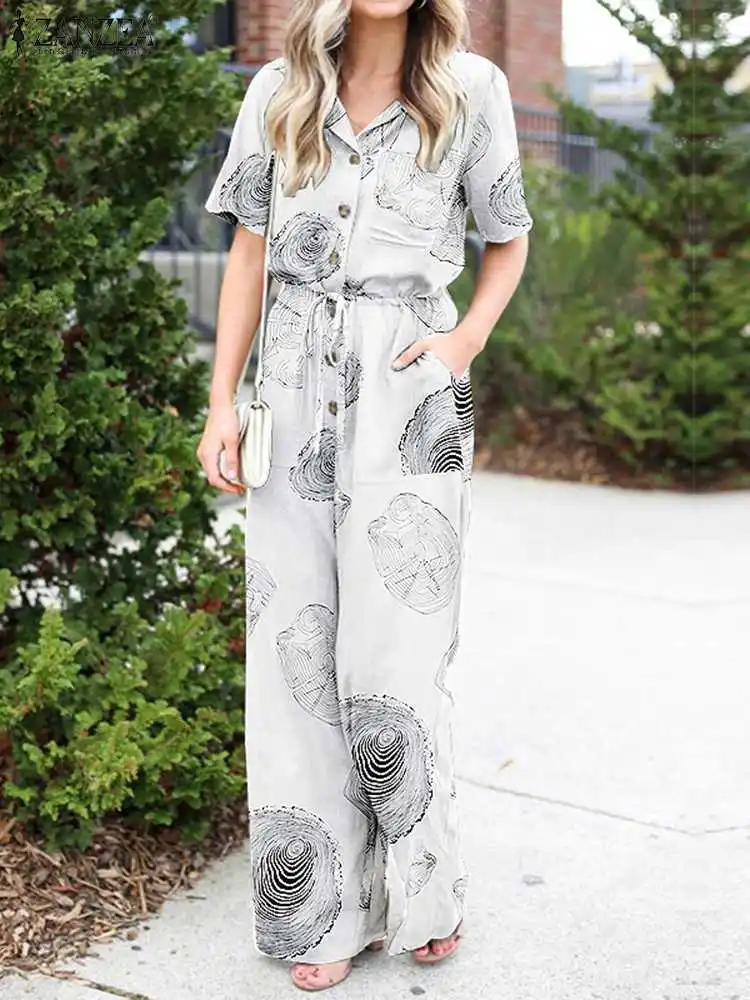 

ZANZEA Short Sleeve Lapel Pocket Work OL Overalls Pant Women Summer Printing Jumpsuit Fashion Casual Oversized Holiday Romper