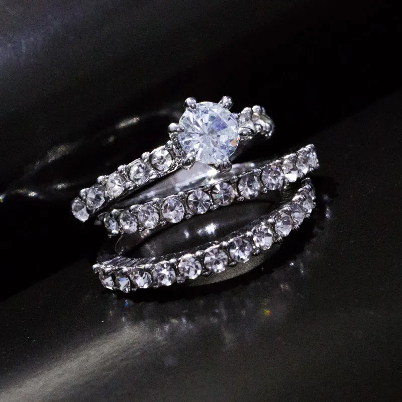 

Hot Selling Jewelry Silver Color Three-in-one Inlaid White Zirconium Three-piece Creative Fashion Ring Jewelry Whole Sale