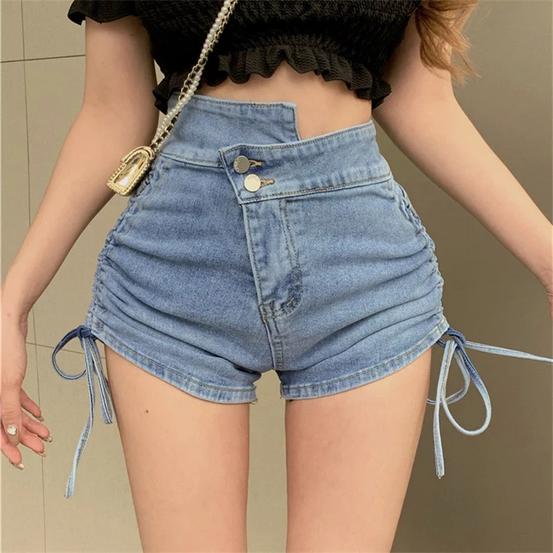 

Real shot 2022 new fashion design high waist oblique buckle denim shorts drawstring straps pleated hip jeans