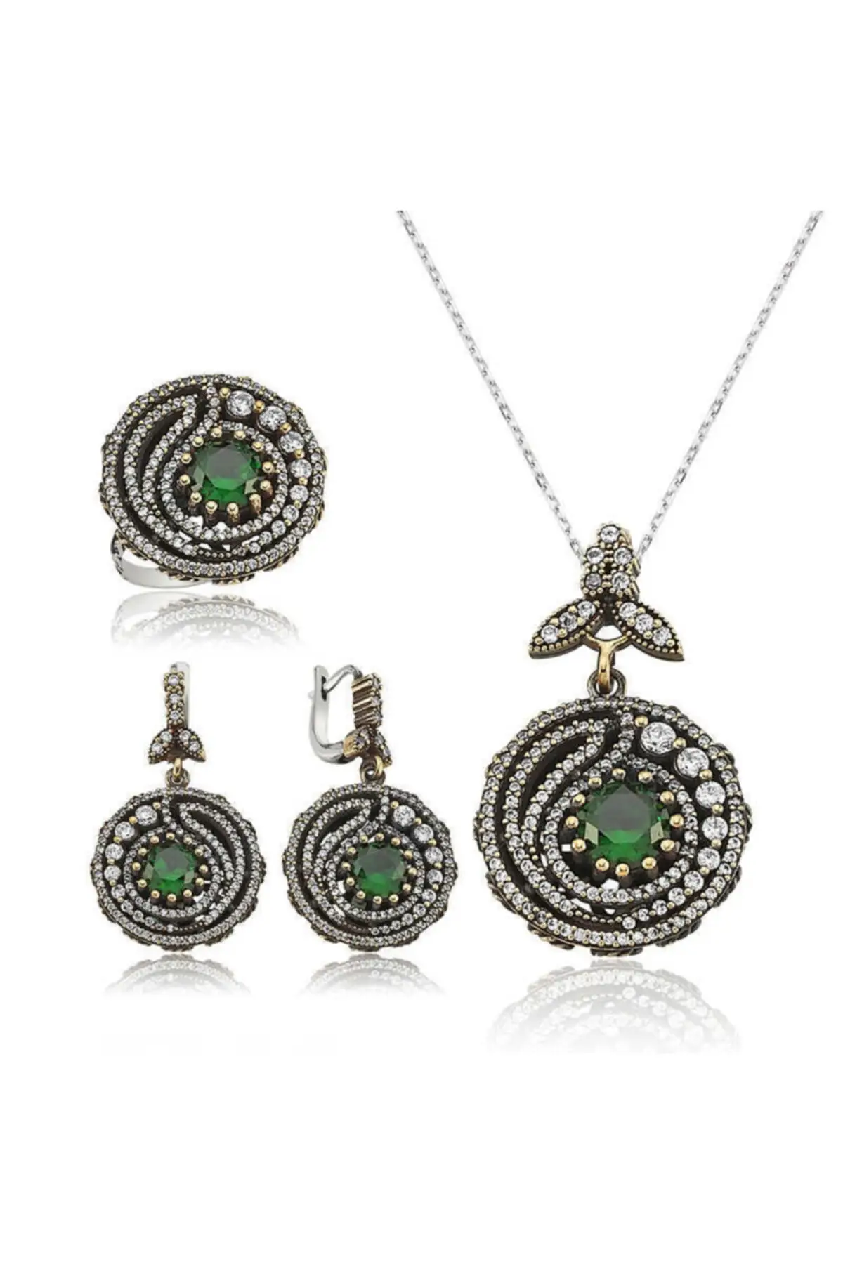 

Women's Green Authentic Silver Set, Earring Pendant Ring