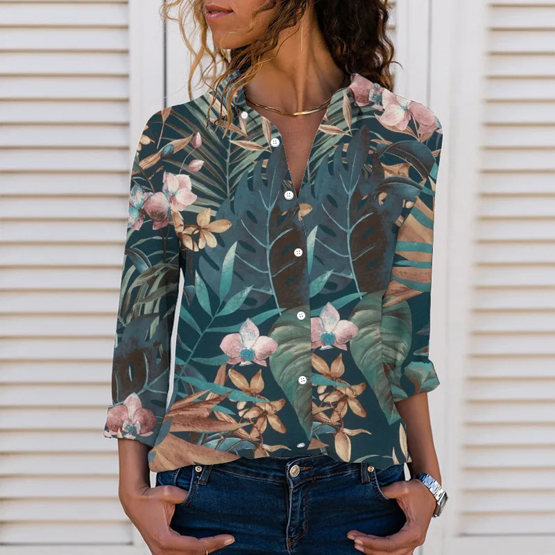 

New Autumn Women Harajuku Shirts Long Sleeve Lapel 3D Printed Floral Pattern Streewear Tops Female Casual Office Shirt Clothing