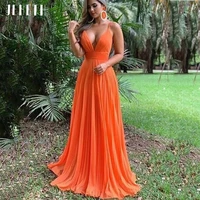 jeheth sexy orange deep v neck long prom dresses pleated high waist open back chiffon floor length evening dresses for women