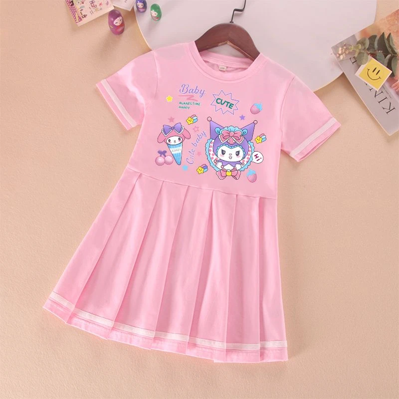 

Новинка 2023, модное летнее платье Kuromi My Melody для детей, футболка с коротким рукавом и милым мультяшным рисунком для девочек, тонкая хлопковая повседневная юбка
