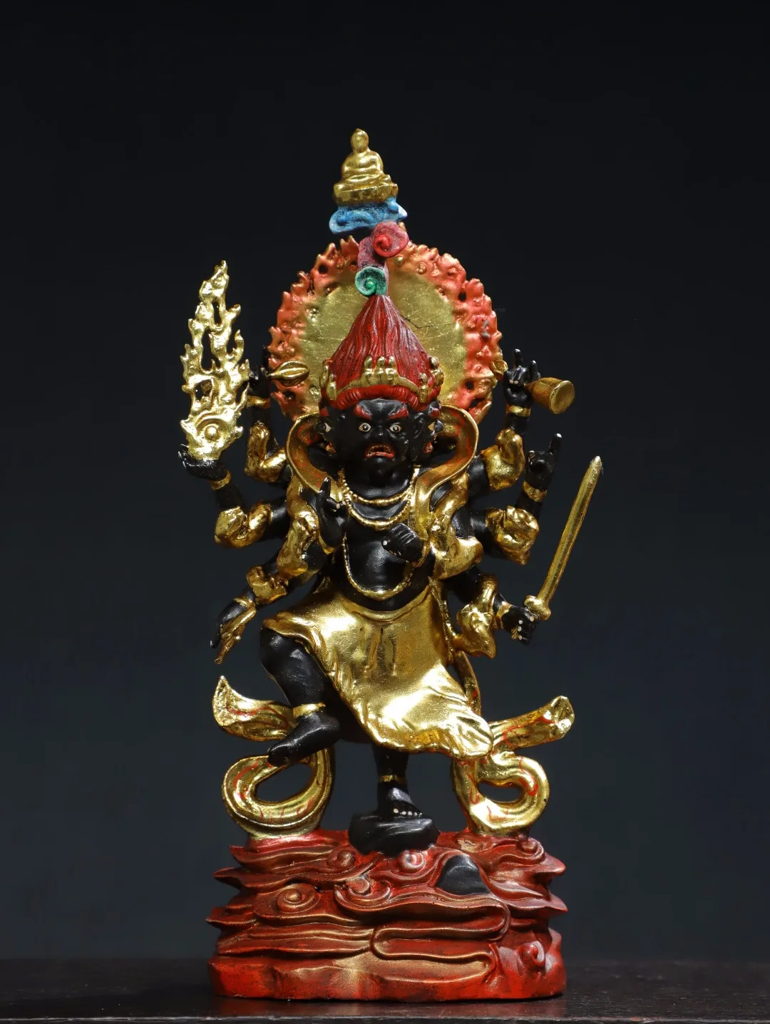 

9"Tibet Temple Collection Old Bronze Painted Dirty Vajra Buddha Decontamination Diamond Eight armed Vajra Buddha Worship Hall