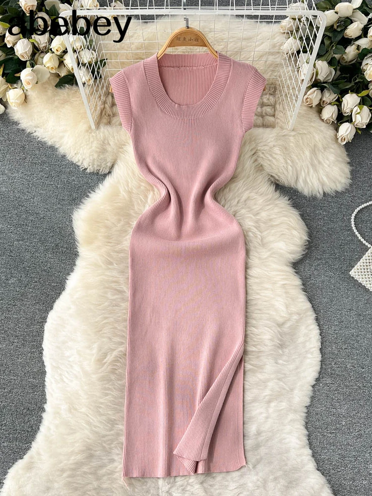 

2022 Spring Summer Dress Knitted Solid O Neck Sexy Bodycon Midi Dresses for Women Stretch Vestidos Sleeveless