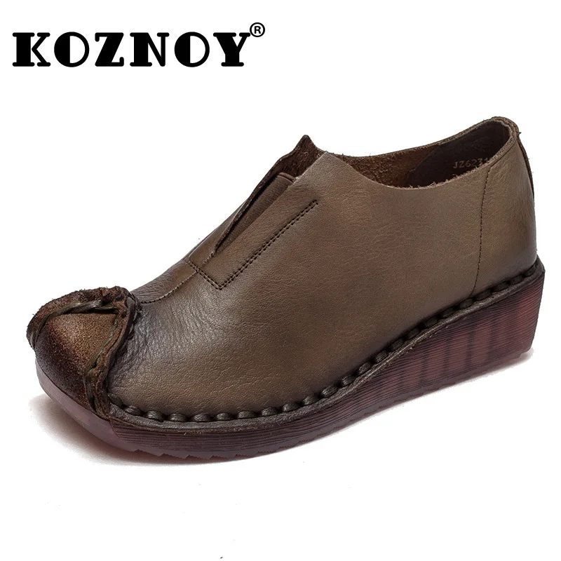 Koznoy 4cm Retro Ethnic Style Handmade Sewing Genuine Leather Platform Wedges Summer Autumn Women Thick Soled Comfy Loafer Shoes