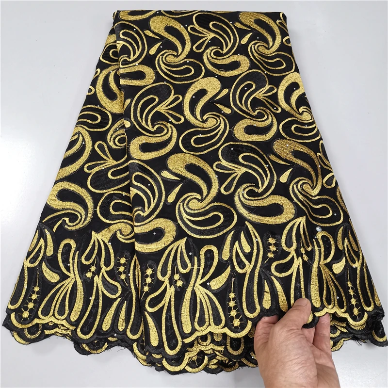 

Black And Gold Embroidery Swiss Voile Lace Cotton Fabric For Women Dress 5Yards