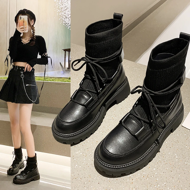 

Женские ботильоны, обувь сезона осень-зима 2022, женские готические ботинки на резиновой платформе, женские Стрейчевые ботинки-носки на шнуро...