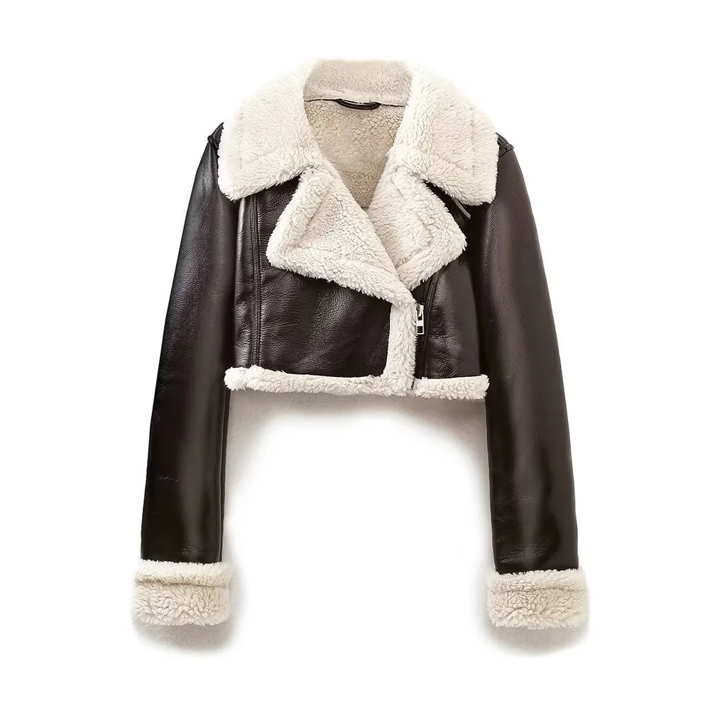 

Женская укороченная куртка из искусственной овчины, модная Толстая теплая винтажная куртка с длинным рукавом и молнией спереди, женская верхняя одежда, шикарные топы
