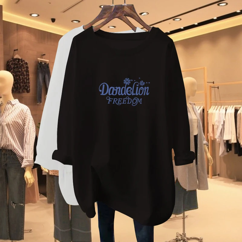 2025 Spring & Fall New Arrival Black Long Sleeves T-shirt Female Loose Mid Length round Neck Cotton Base Shirt Sl...