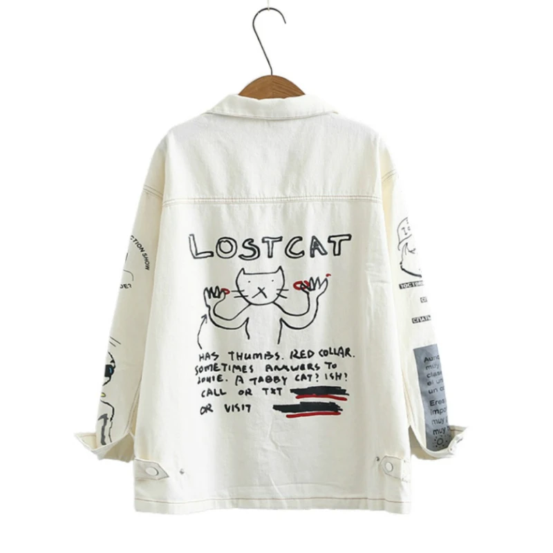 

Женская джинсовая куртка с отложным воротником, белая Базовая куртка с длинным рукавом и принтом мультяшного кота, верхняя одежда, Y2K, весна ...