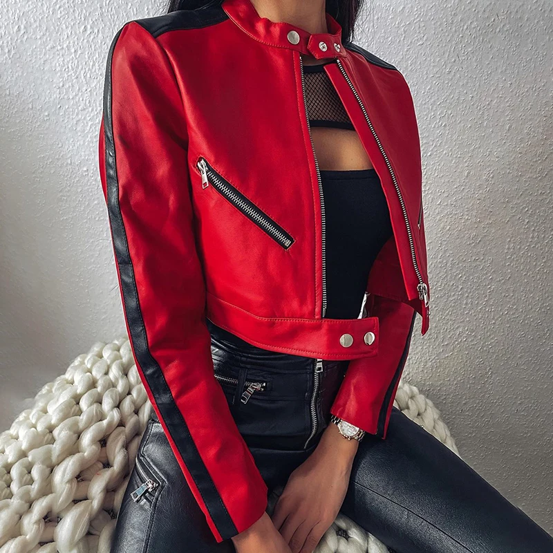 2021 Women New Autumn Motorcycle Jacket Zipper Faux Soft Leather Jacket Short Leather Jacket Ladies Basic Street Coat Black Red