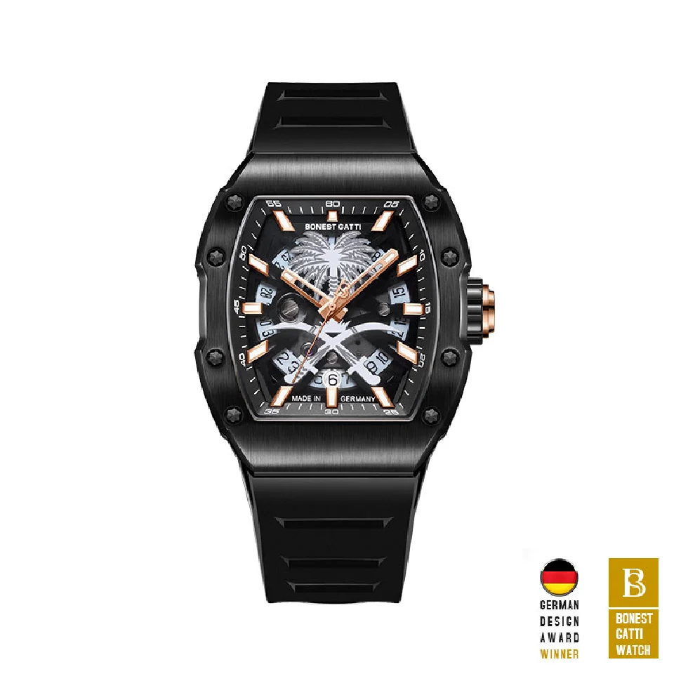 

BONEST GATTI Men Automatic Watch Luxury Fashion Tonneau Mechanical Wristwatch Waterproof Sapphire Luminous Rubber Coconut Tree