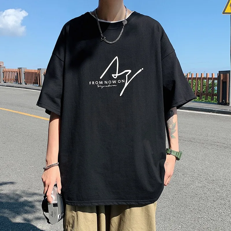 

Real shooting 2022 summer cotton round neck short sleeve t-shirt men's Hong Kong style trend loose casual 5 / 2 sleeve T-shirt