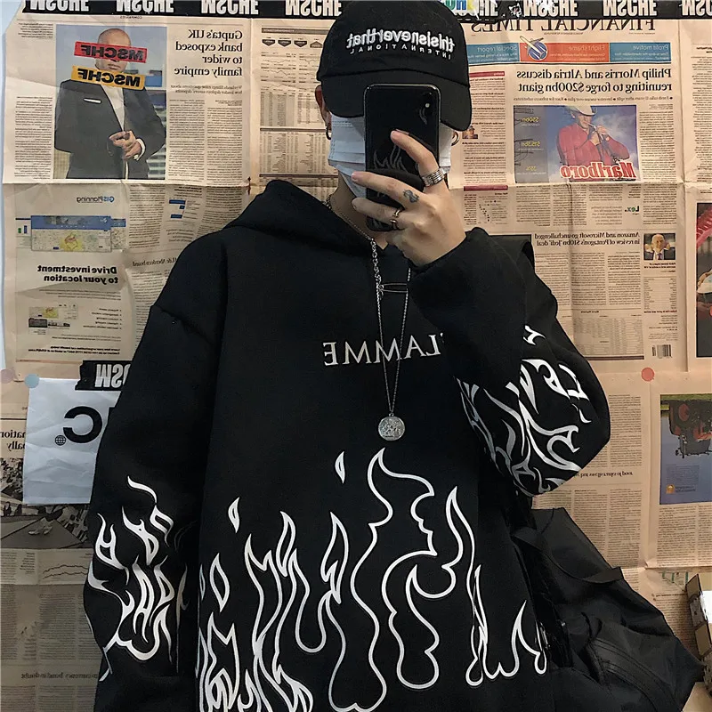 Hip Hop Oversized Hoodies 2022 Korean Version Flame Print Long Sleeve Sweatshirt Autumn Harajuku Gothic Men Women Tops |