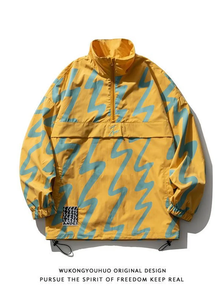 

Street Pullover Jacket Graffiti Print Men's Hip-Hop Loose Youth Half-Zip Jackets Punk Varsity Coat Cool Motorcycle Bomber Jacket