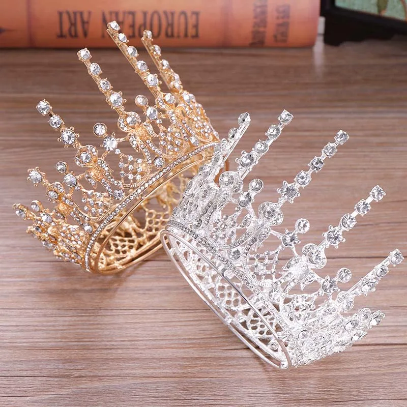 

Luxury Wedding Crown Bling Rhinestone Tiaras Hair Jewelry Accessories Gold/Silver Plated Metal Princess Diadem Full Round