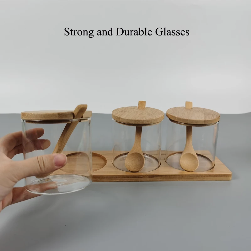 

3 PCS Set Glasses Storage Jar Candy Cookies Tea Coffee Beans Organizer Cereal Snack Jars Bottle Wood Lid Container Spices Food