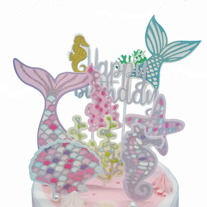 Glitter Mermaid Party Decoration Tail Seahorse Shell Starfish Cake Topper Paper Cupcake Topper For Birthday Party Decor Supplie