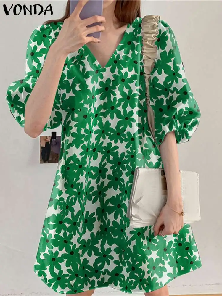 

Женское мини-платье VONDA с цветочным принтом, лето 2023, женский пляжный сарафан с рукавом до локтя, повседневный свободный богемный короткий сарафан с V-образным вырезом