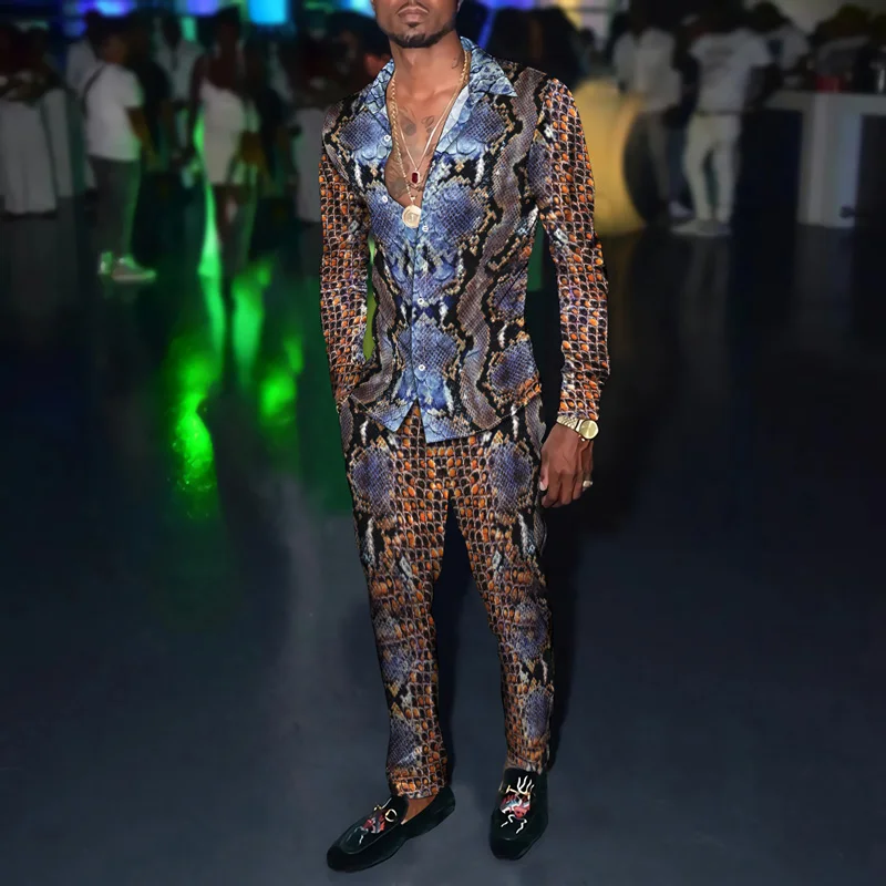 Spring Men's Gentleman's Shirt + Pants Suit Animal Snake Pattern 3D Harajuku Long-Sleeved Shirt Trousers Two-Piece Casual Wear